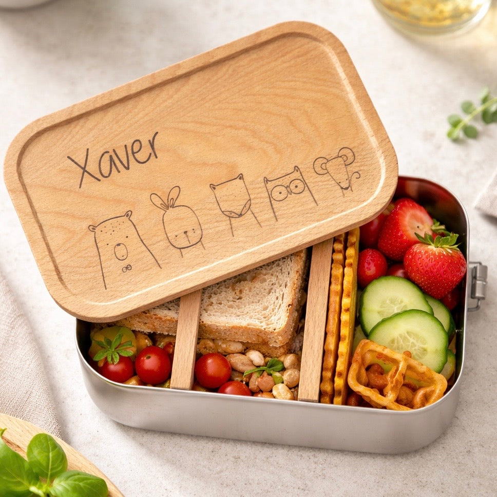 Personalisierte Edelstahl-Trinkflasche mit Bambusdeckel – Tiermotiv & Name