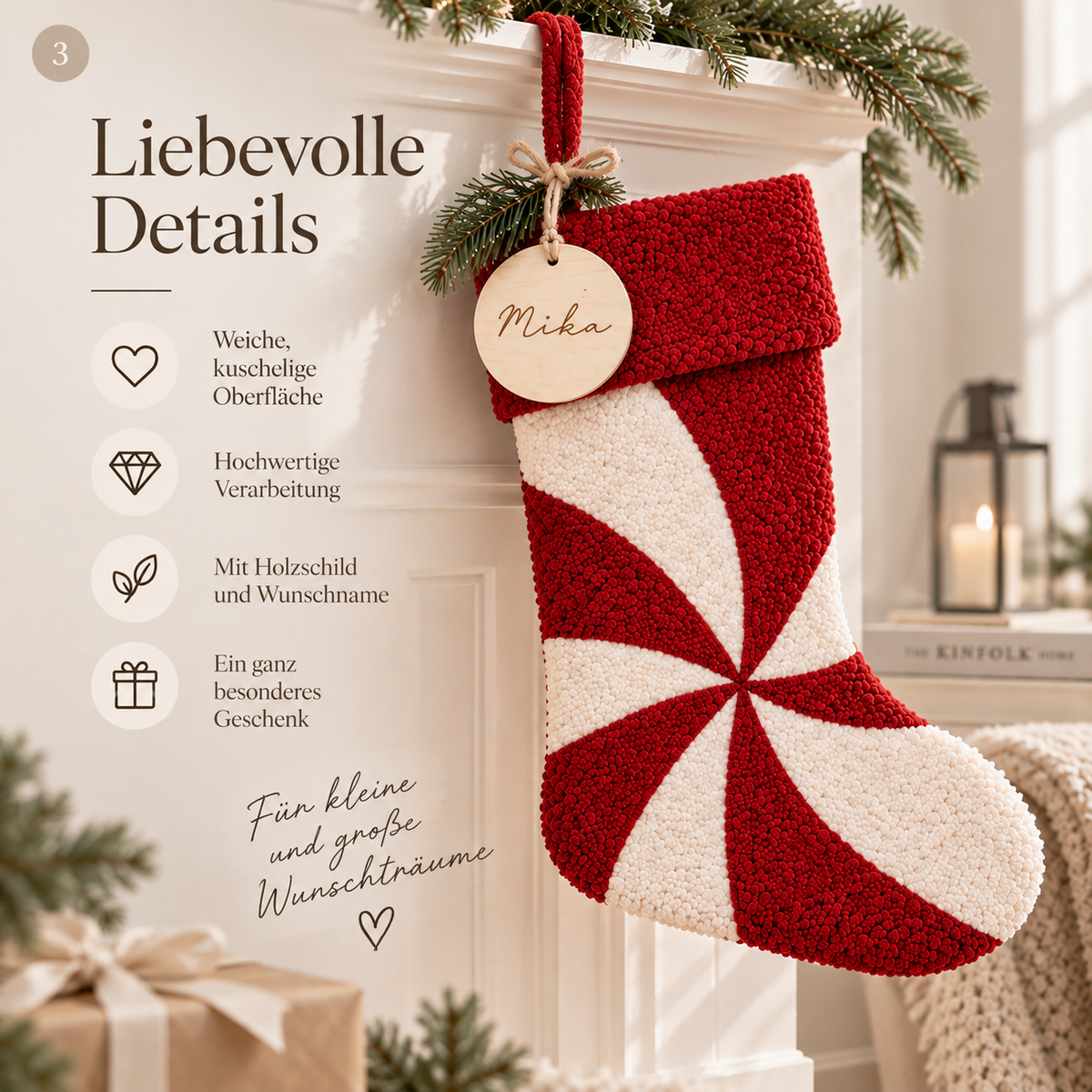Personalisierter Weihnachtsstrumpf mit Namen & Holzanhänger – Rot/Creme