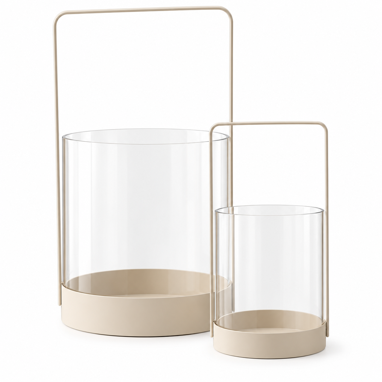 Kerzenhalter 2er-Set Beige aus Glas & Metall – Windlicht mit Henkel