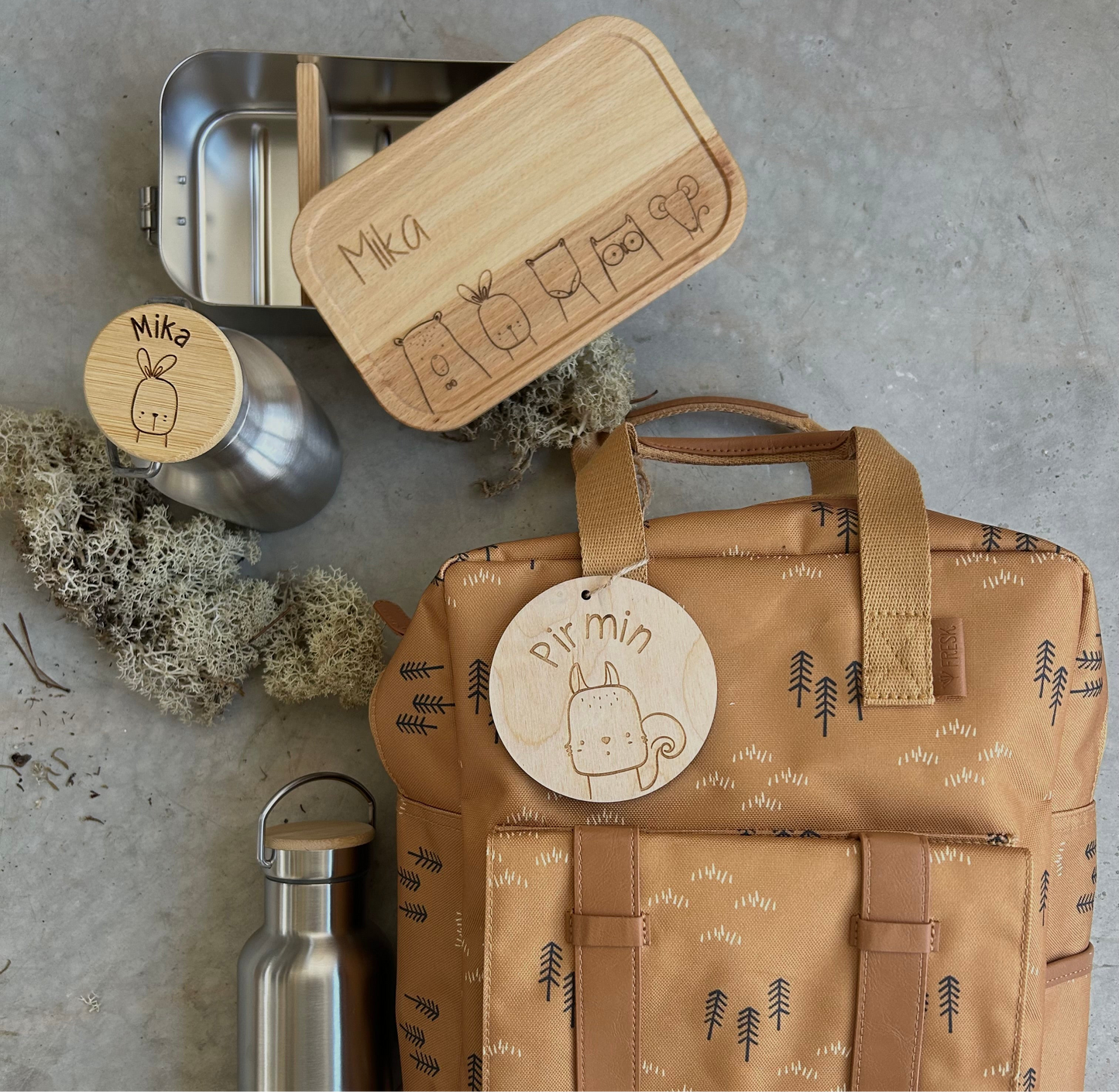 Personalisierte Edelstahl-Trinkflasche mit Bambusdeckel – Tiermotiv & Name