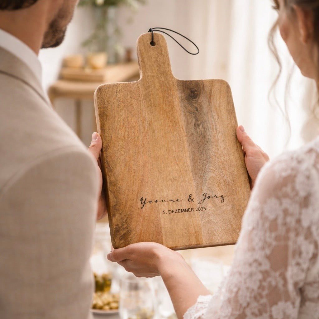Einzugsgeschenk personalisiert: Schneidebrett aus Holz mit individueller Gravur