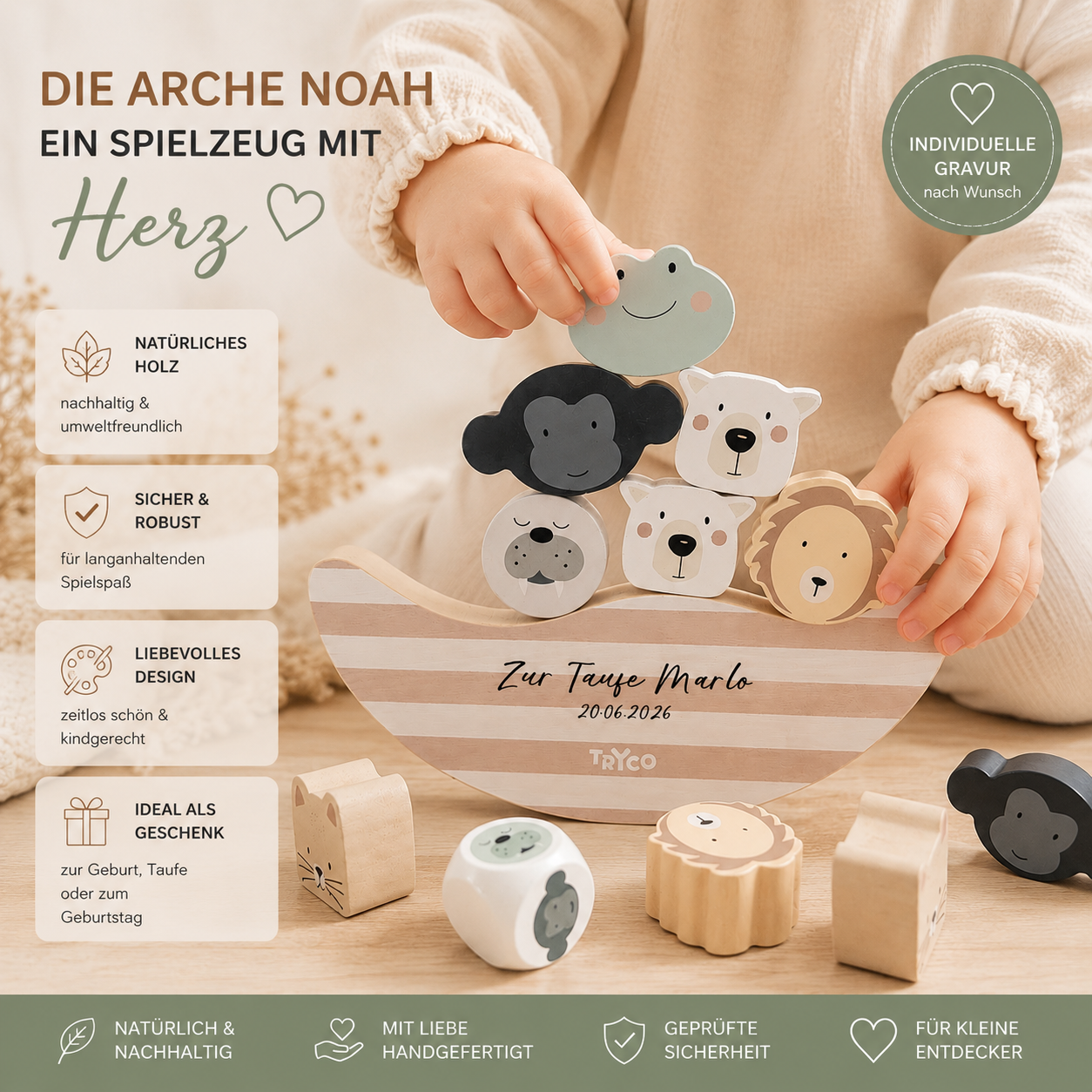 Arche Noah Balance Spiel mit Wunschgravur – Personalisiertes Taufgeschenk