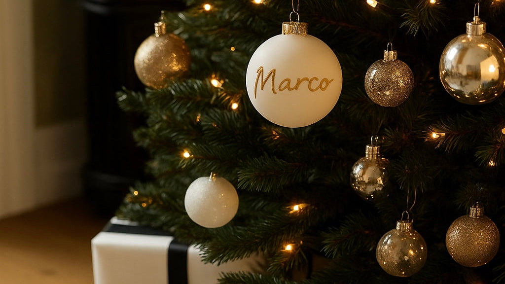 Personalisierte Weihnachtskugeln mit Namen – goldene Schrift, matt oder glänzend, mit oder ohne Geschenkverpackung