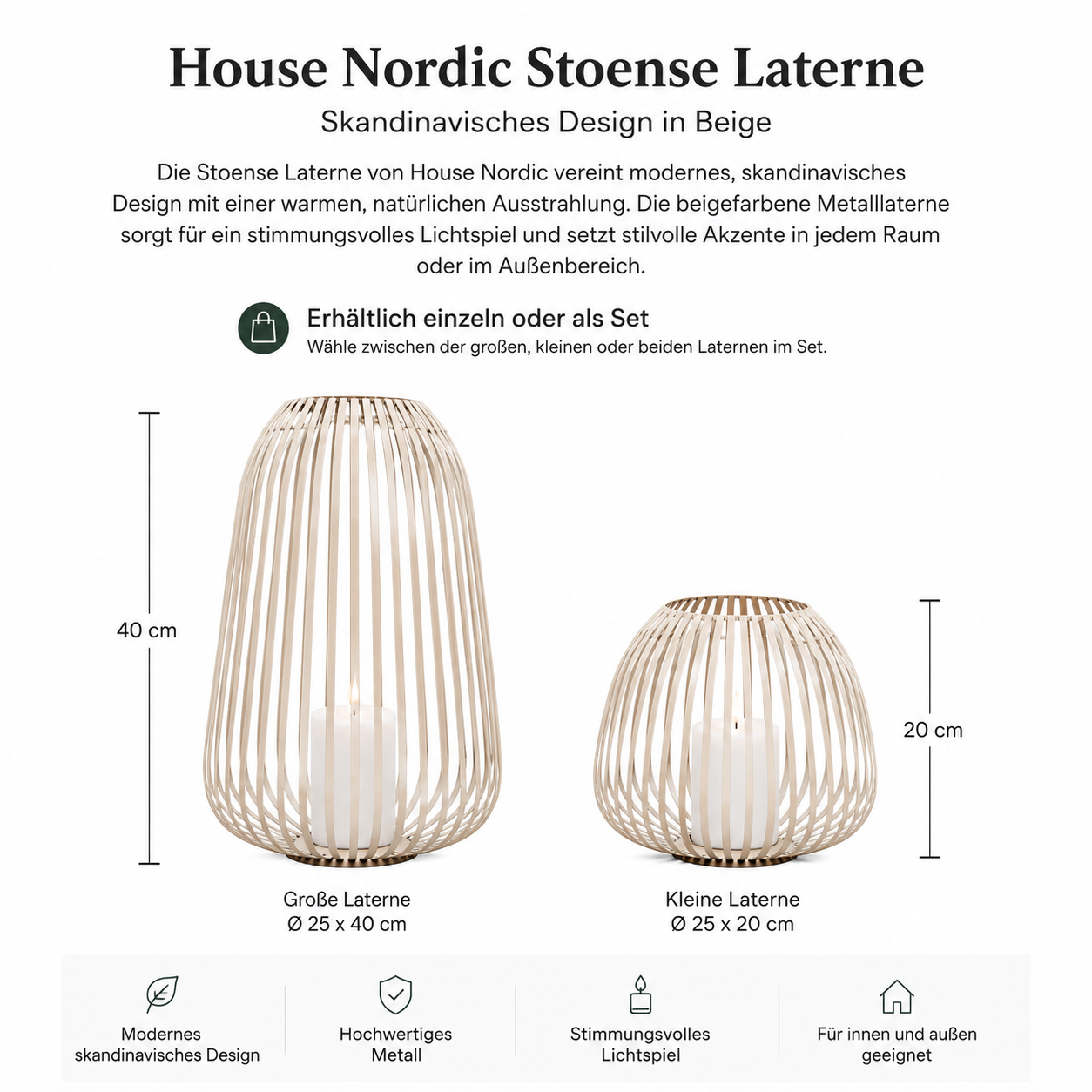 House Nordic Stoense Laterne – Beige, Metall, 40 cm