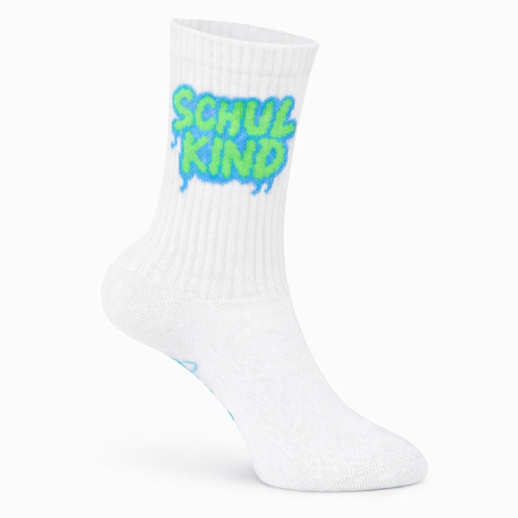 Schulkind Socken zur Einschulung – Weiß Graffiti grün türkis