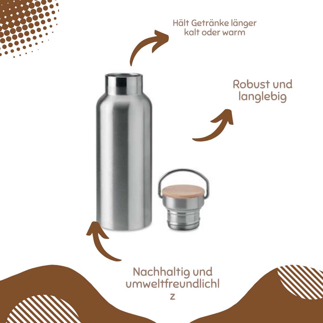 Personalisierte Edelstahl-Trinkflasche mit Bambusdeckel – Tiermotiv & Name