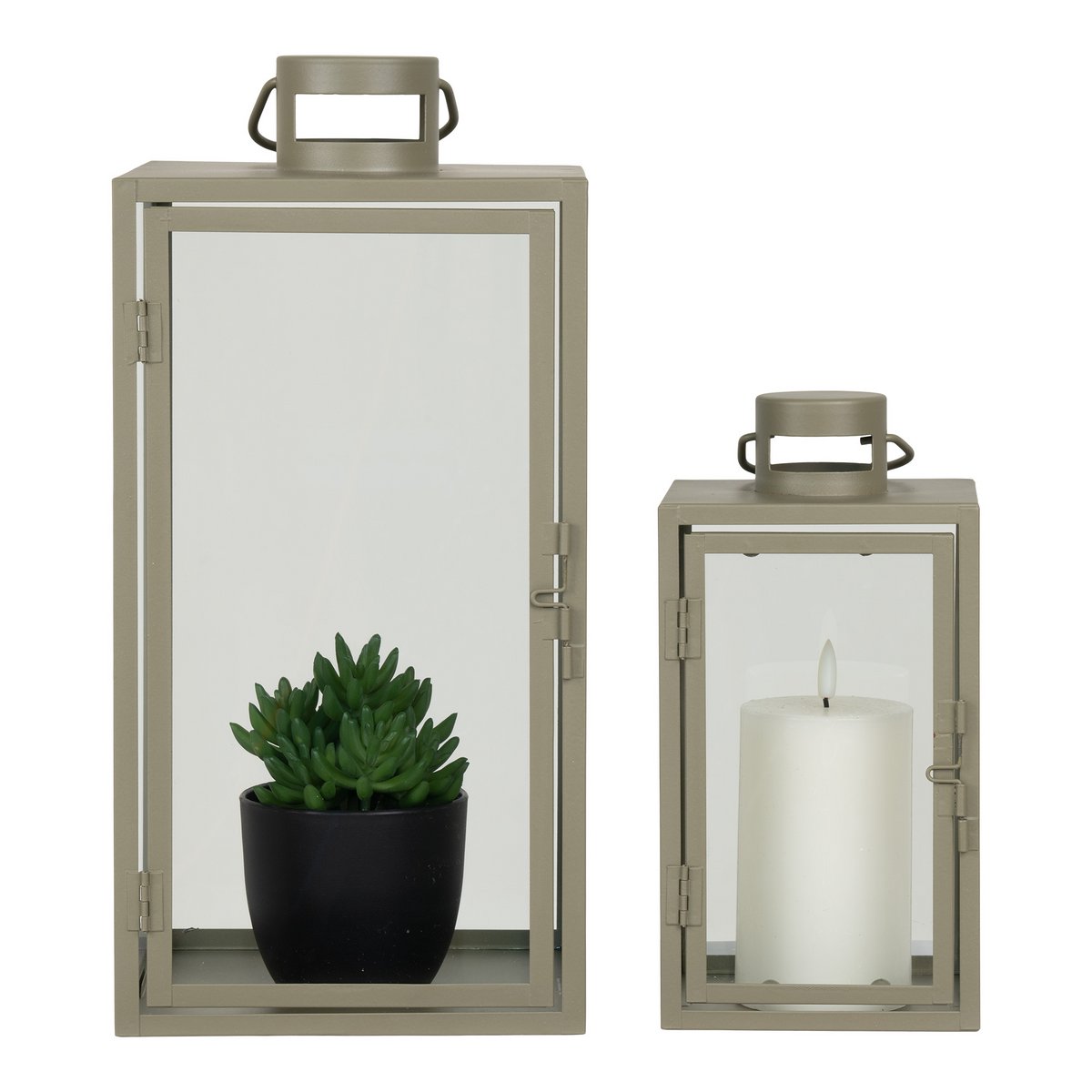Korfu-Laternen – Grün, Stahl, Glas, 13/19,5 x 13/19,5 x 25,5/40 cm – 2er-Set