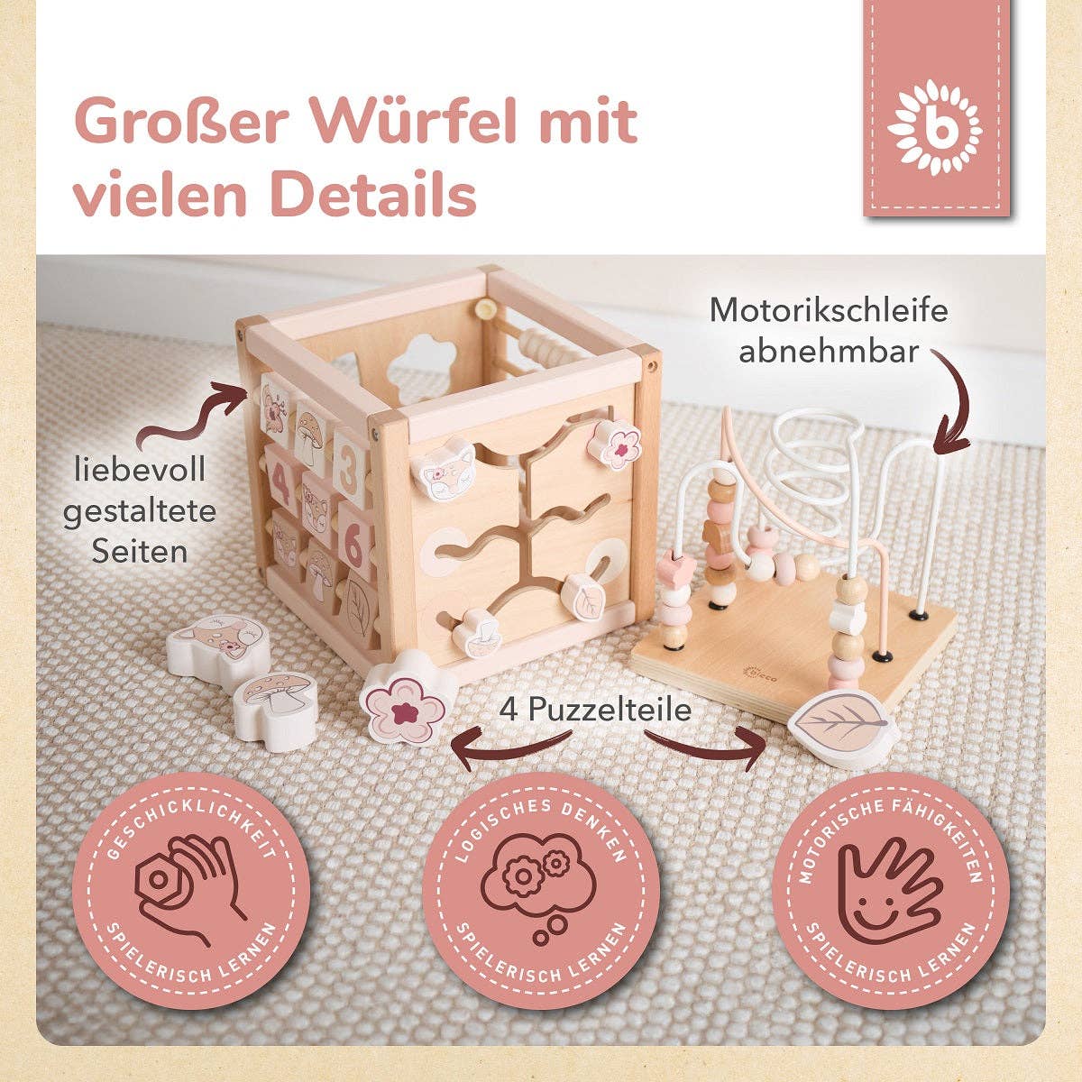 Motorikwürfel Reh Ella aus Holz – Spielerisch lernen, entdecken & personalisieren