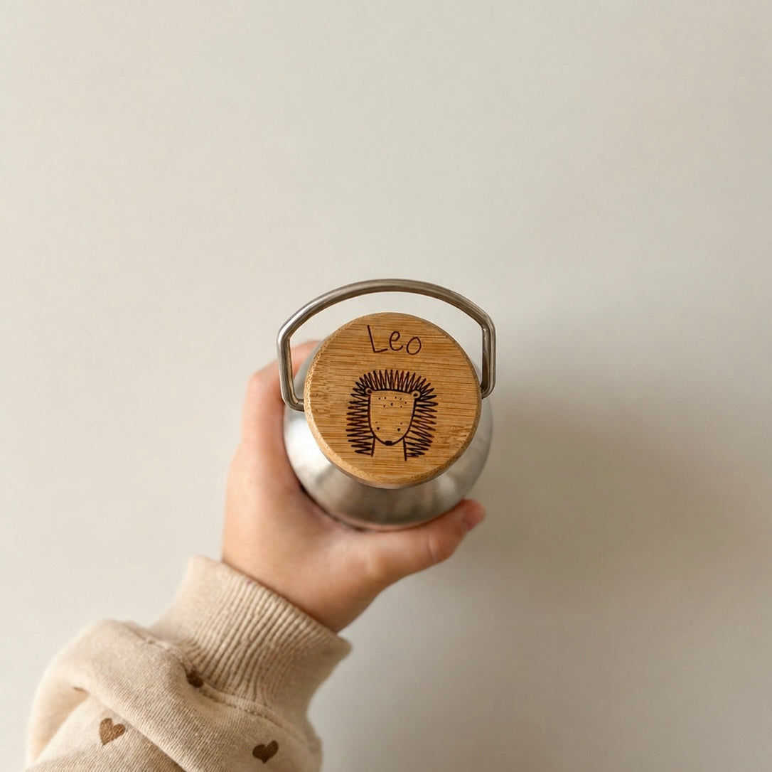 Personalisierte Edelstahl-Trinkflasche mit Bambusdeckel – Tiermotiv & Name