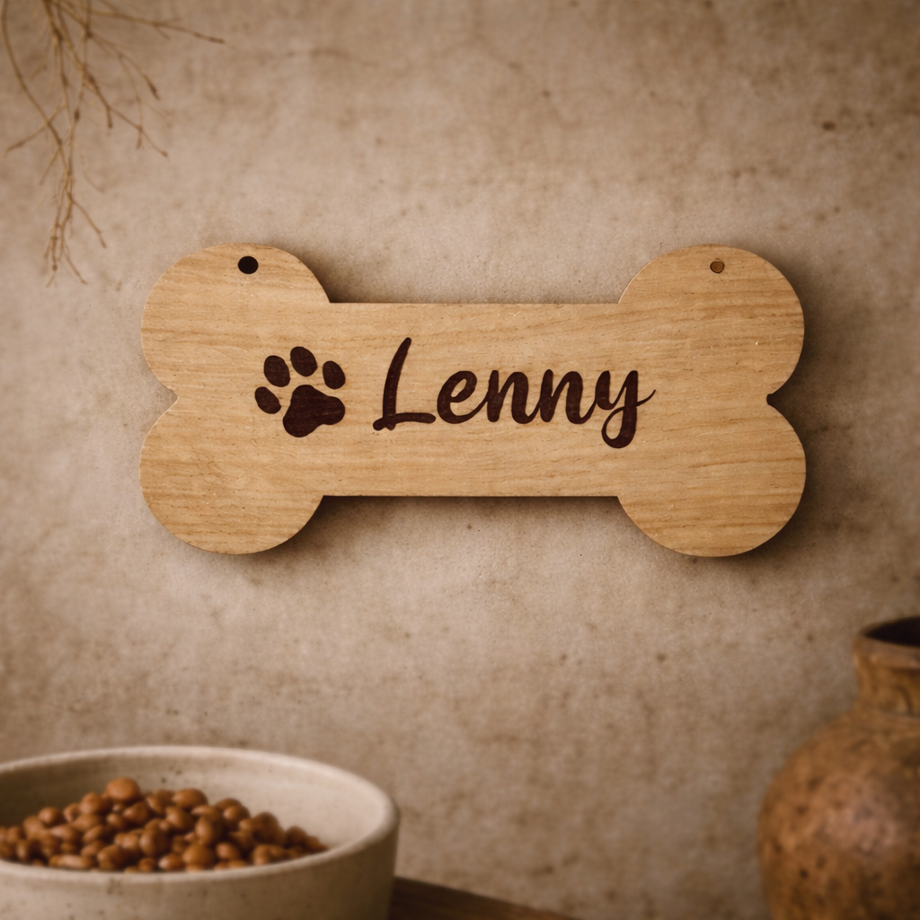 Personalisiertes Hundeschild aus Holz – Name mit Pfote