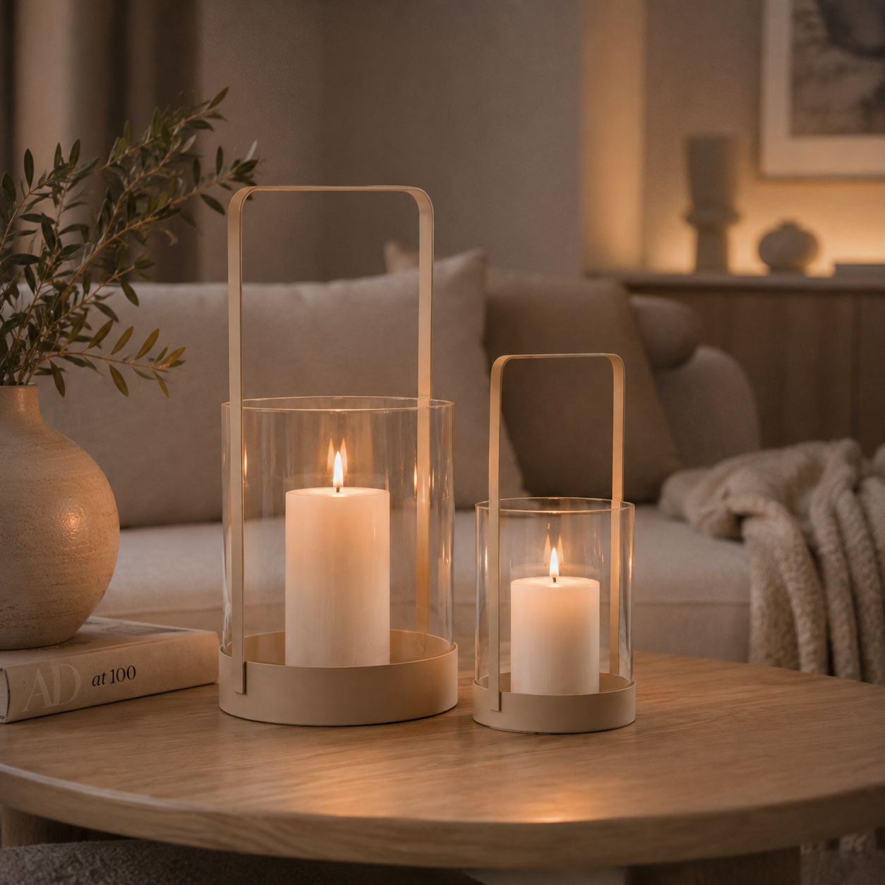 Laternen 2er Set Beige – Windlichter aus Stahl & Glas