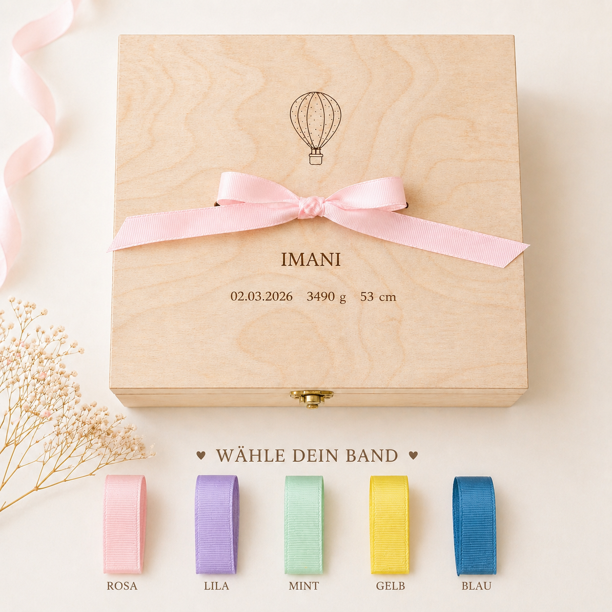 Erinnerungsbox zur Geburt personalisiert mit Heißluftballon – Baby Geschenkbox mit Karte & Platz für Fotos, Andenken & erstes Jahr