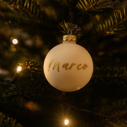 Personalisierte Weihnachtskugeln mit Namen – goldene Schrift, matt oder glänzend, mit oder ohne Geschenkverpackung