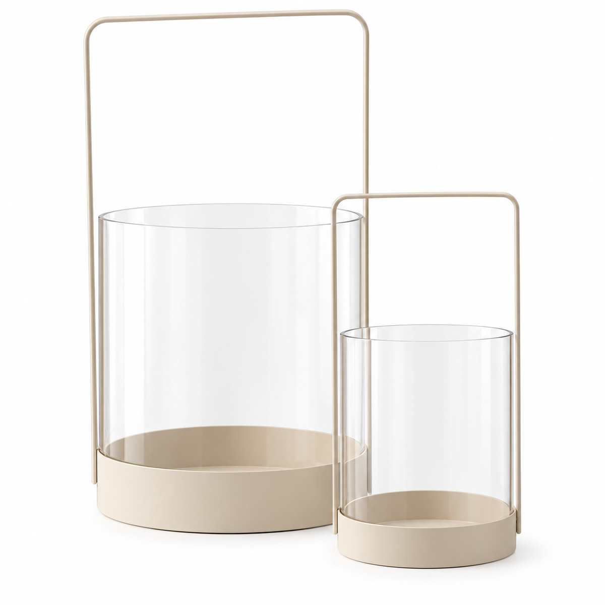 Kerzenhalter 2er-Set Beige aus Glas & Metall – Windlicht mit Henkel