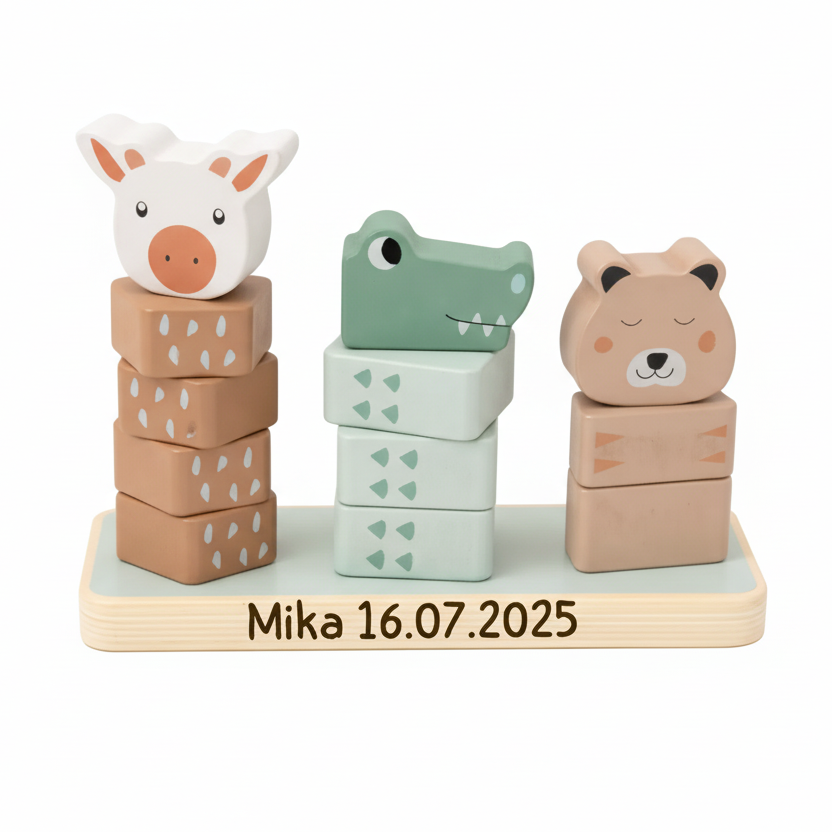 Personalisierter Holz-Stapelturm „Jungle Jambo“ – mit Namen & Datum