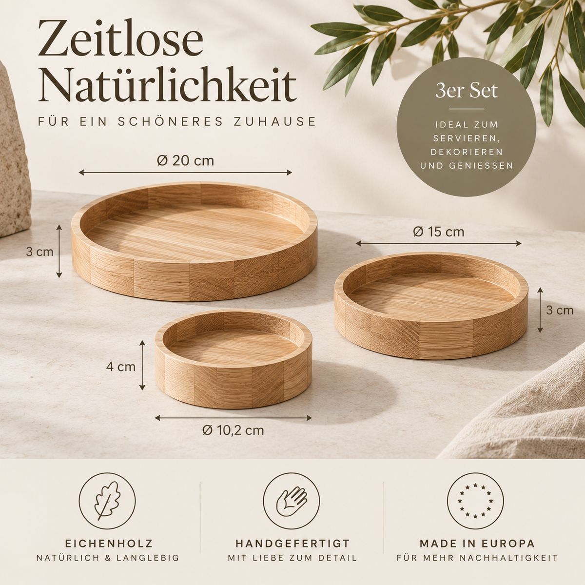 3er-Set Eichenholz Schalen handgefertigt | Holzschalen für Snacks & Obst