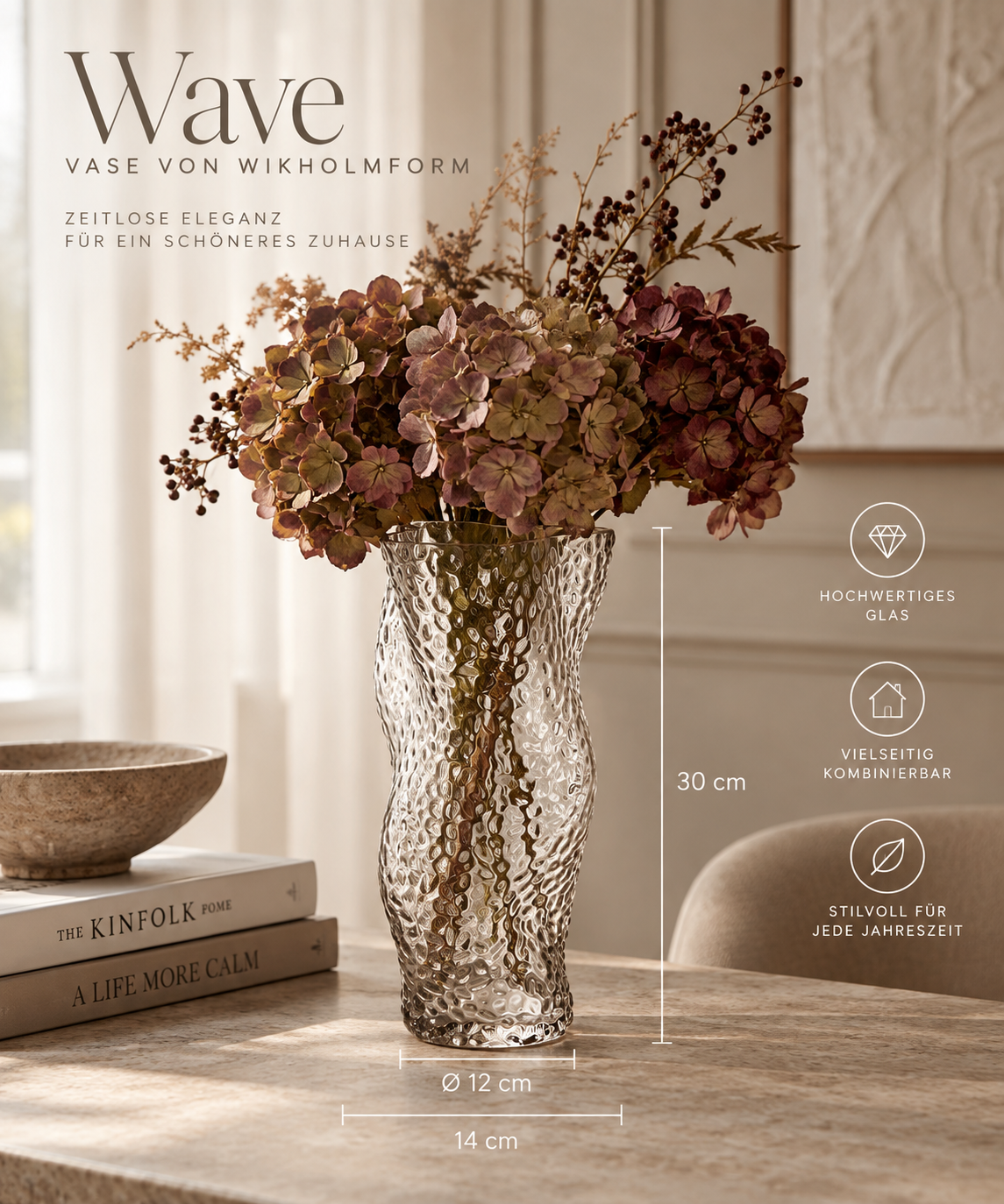 Glasvase organisch  transparent – moderne Deko Vase mit Struktur