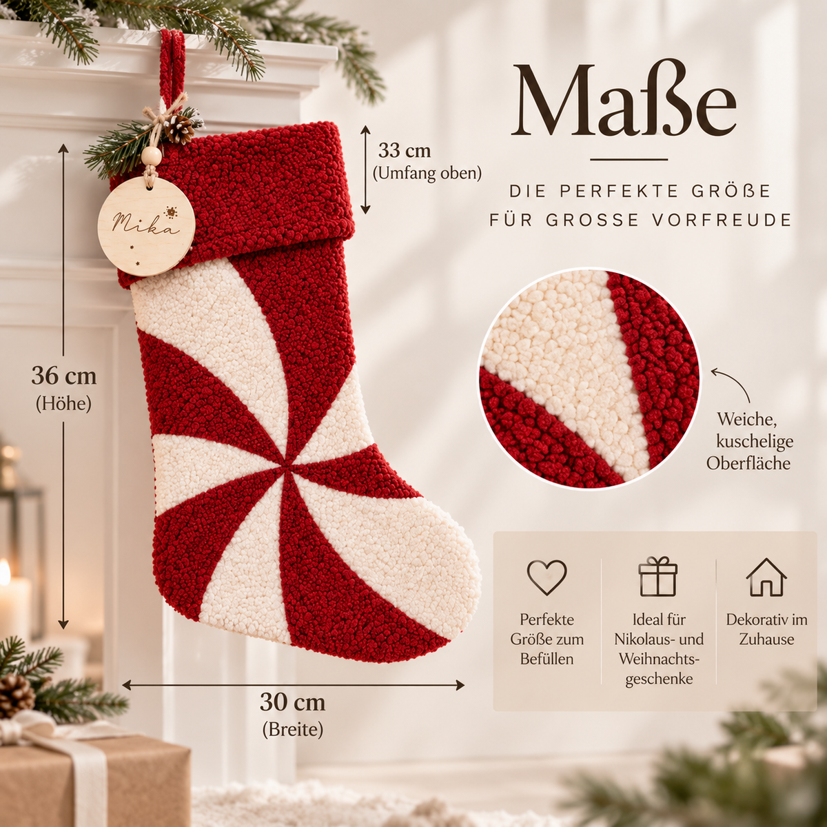 Personalisierter Weihnachtsstrumpf mit Namen & Holzanhänger – Rot/Creme