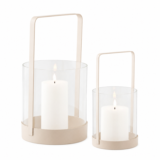 Laternen 2er Set Beige – Windlichter aus Stahl & Glas
