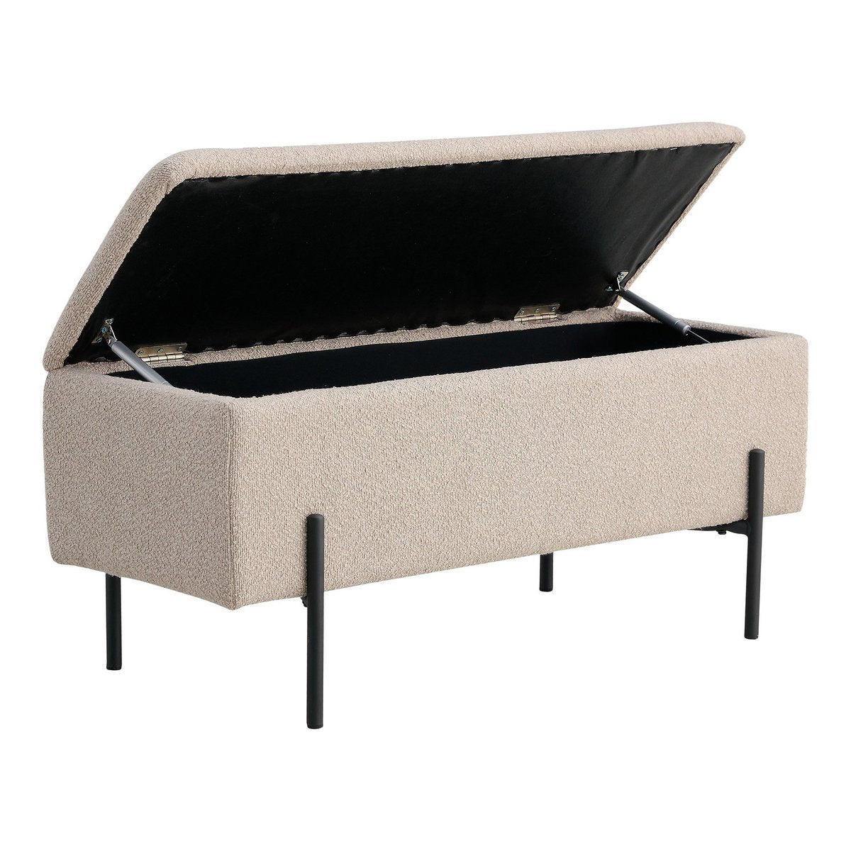 Watford Bench – Bank aus Bouclé mit Stauraum, beige mit schwarzen Beinen, 95 x 36,5 x 46 cm, HN1233