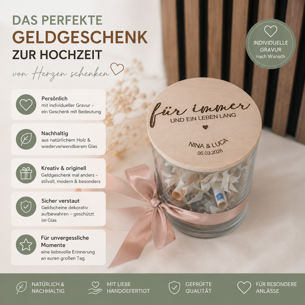Vorratsglaspersonalisiert Hochzeit Geldgeschenk