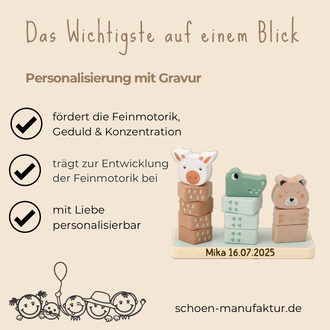 Personalisierter Holz-Stapelturm „Jungle Jambo“ – mit Namen & Datum