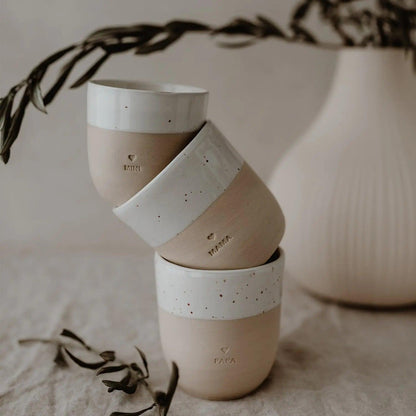 Eulenschnitt Tassen Set – Steingutbecher Mama & Papa | Geschenkidee für Eltern