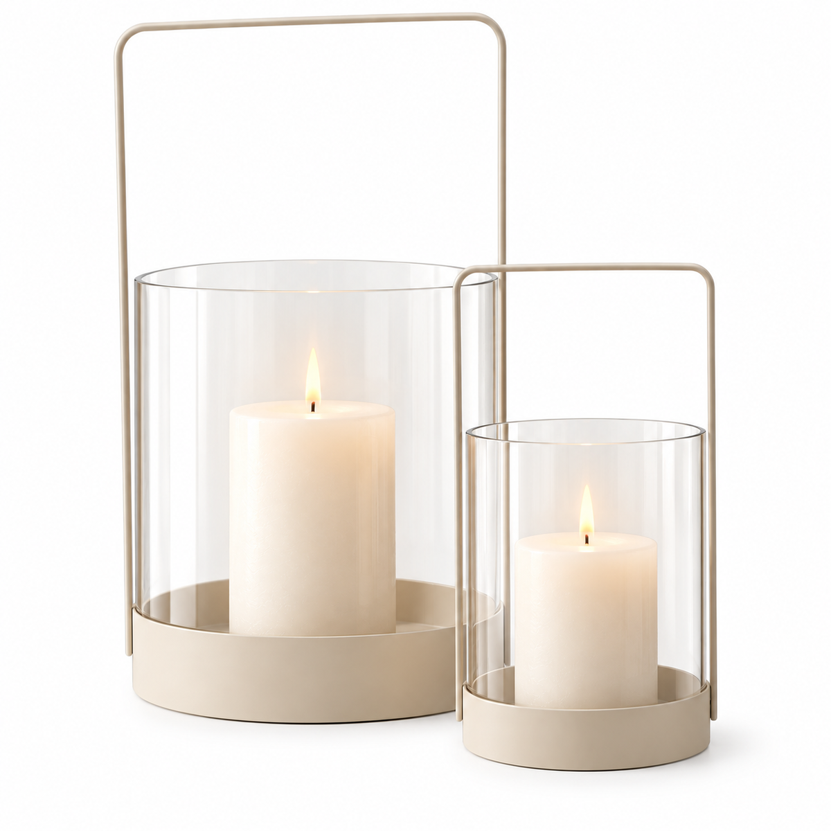 Kerzenhalter 2er-Set Beige aus Glas & Metall – Windlicht mit Henkel