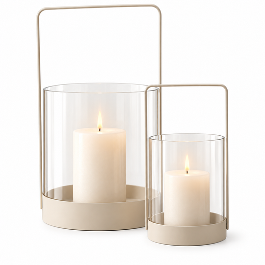 Kerzenhalter 2er-Set Beige aus Glas & Metall – Windlicht mit Henkel