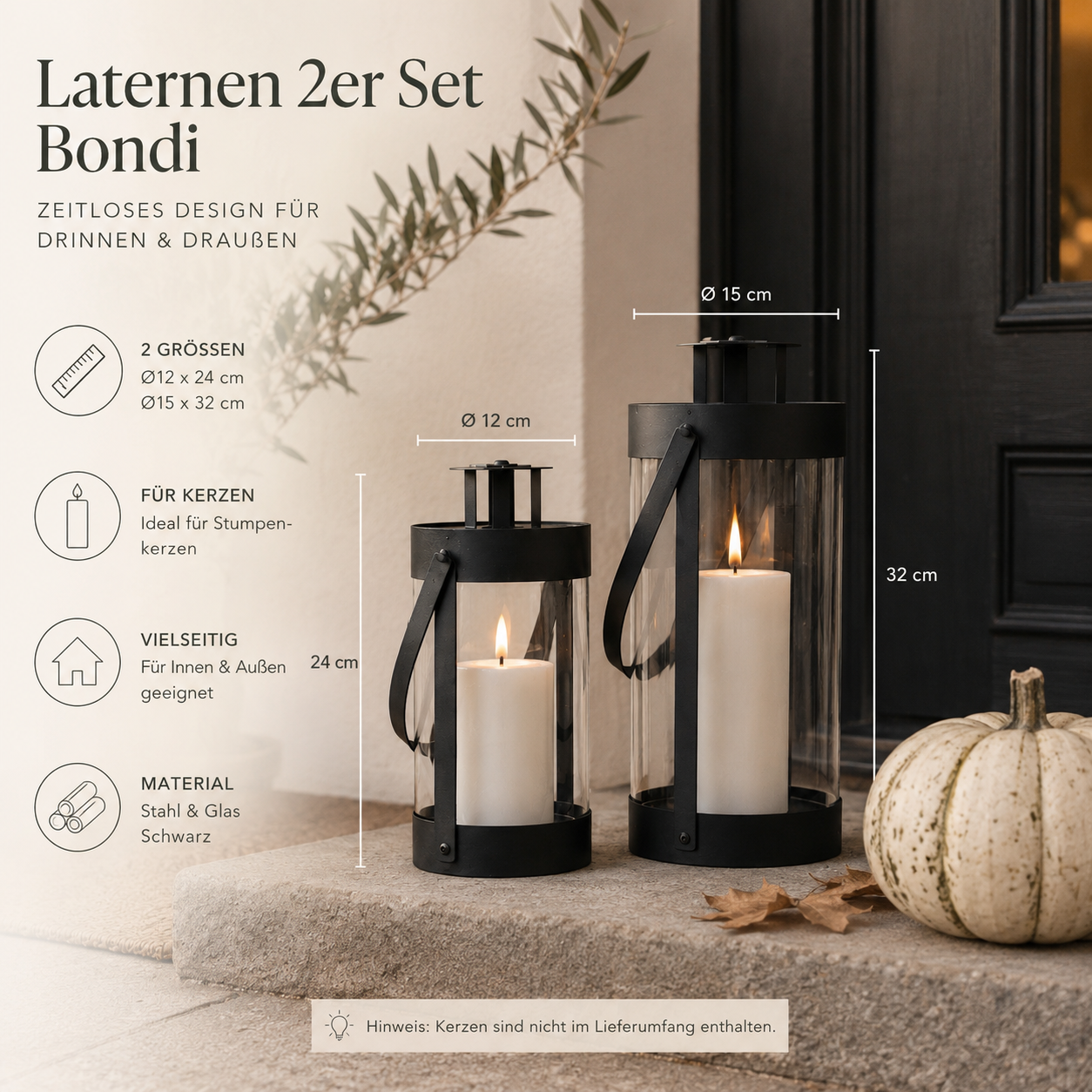 Laternen 2er Set Schwarz – Windlichter aus Metall & Glas