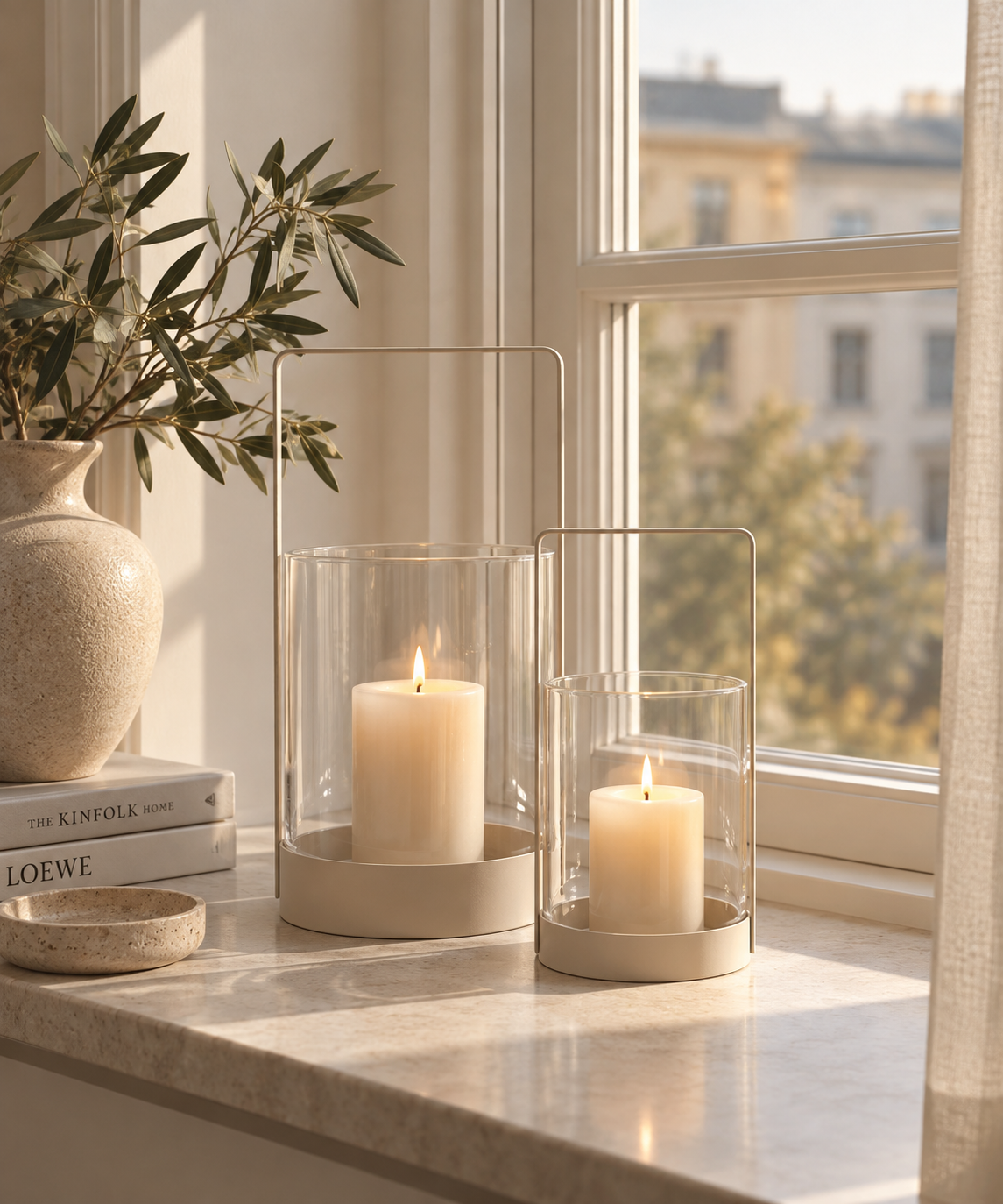 Kerzenhalter 2er-Set Beige aus Glas & Metall – Windlicht mit Henkel