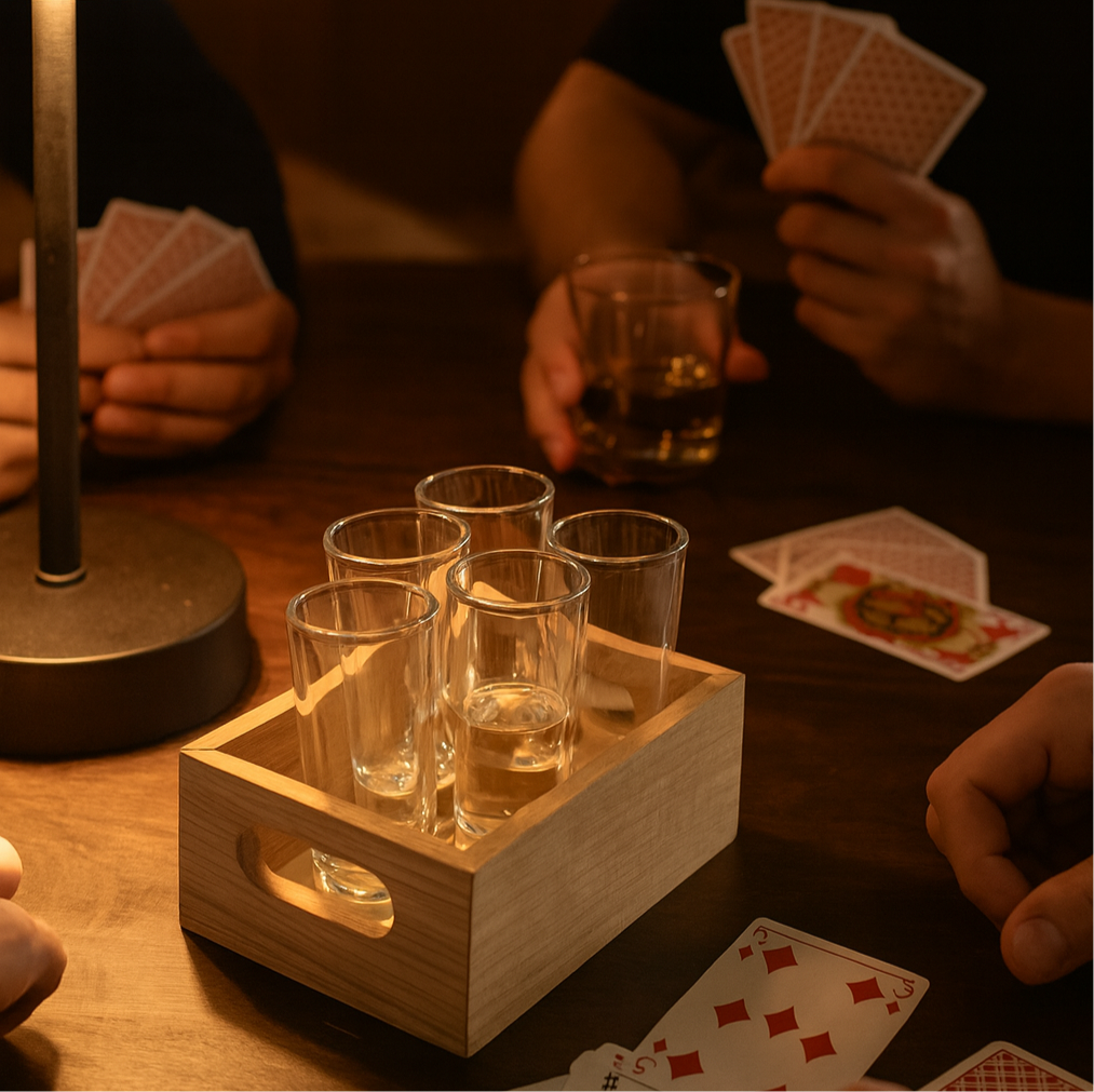 Personalisiertes Schnapstablett aus Eichenholz – mit Gravur & 6 Gläsern