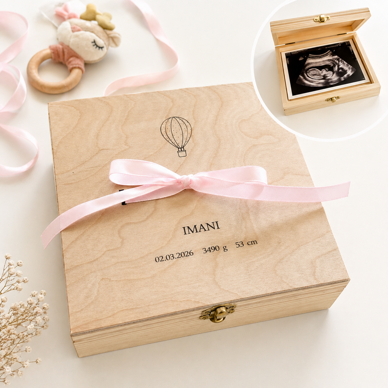 Erinnerungsbox zur Geburt personalisiert mit Heißluftballon – Baby Geschenkbox mit Karte & Platz für Fotos, Andenken & erstes Jahr