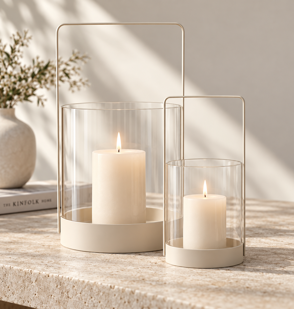 Kerzenhalter 2er-Set Beige aus Glas & Metall – Windlicht mit Henkel
