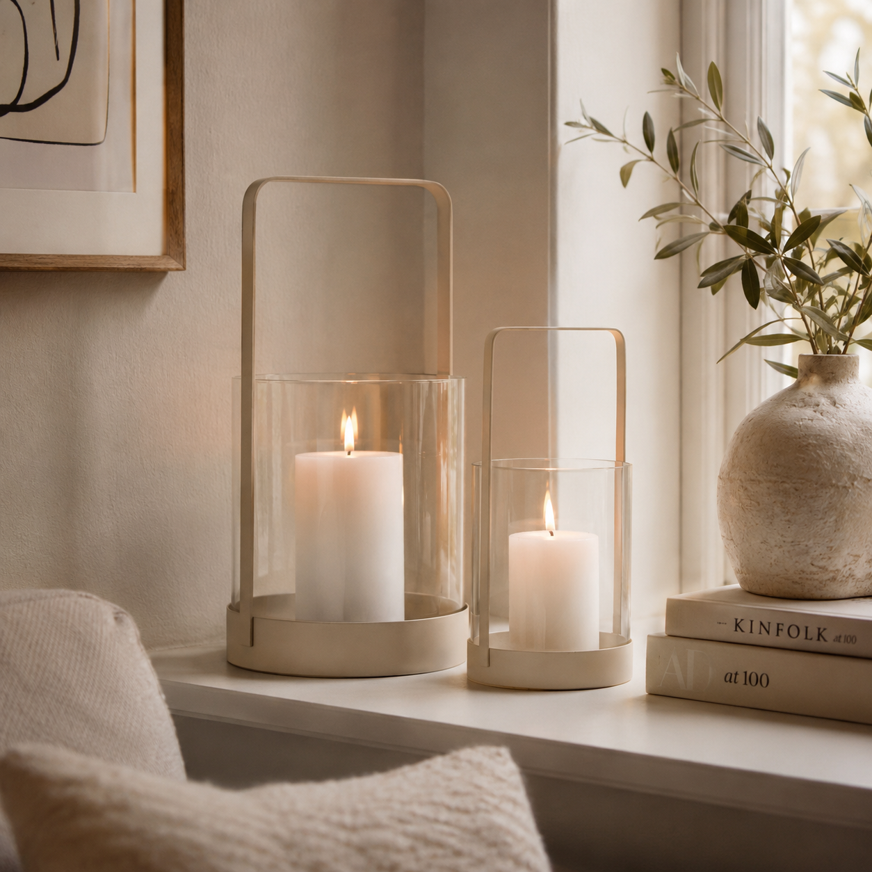 Laternen 2er Set Beige – Windlichter aus Stahl & Glas