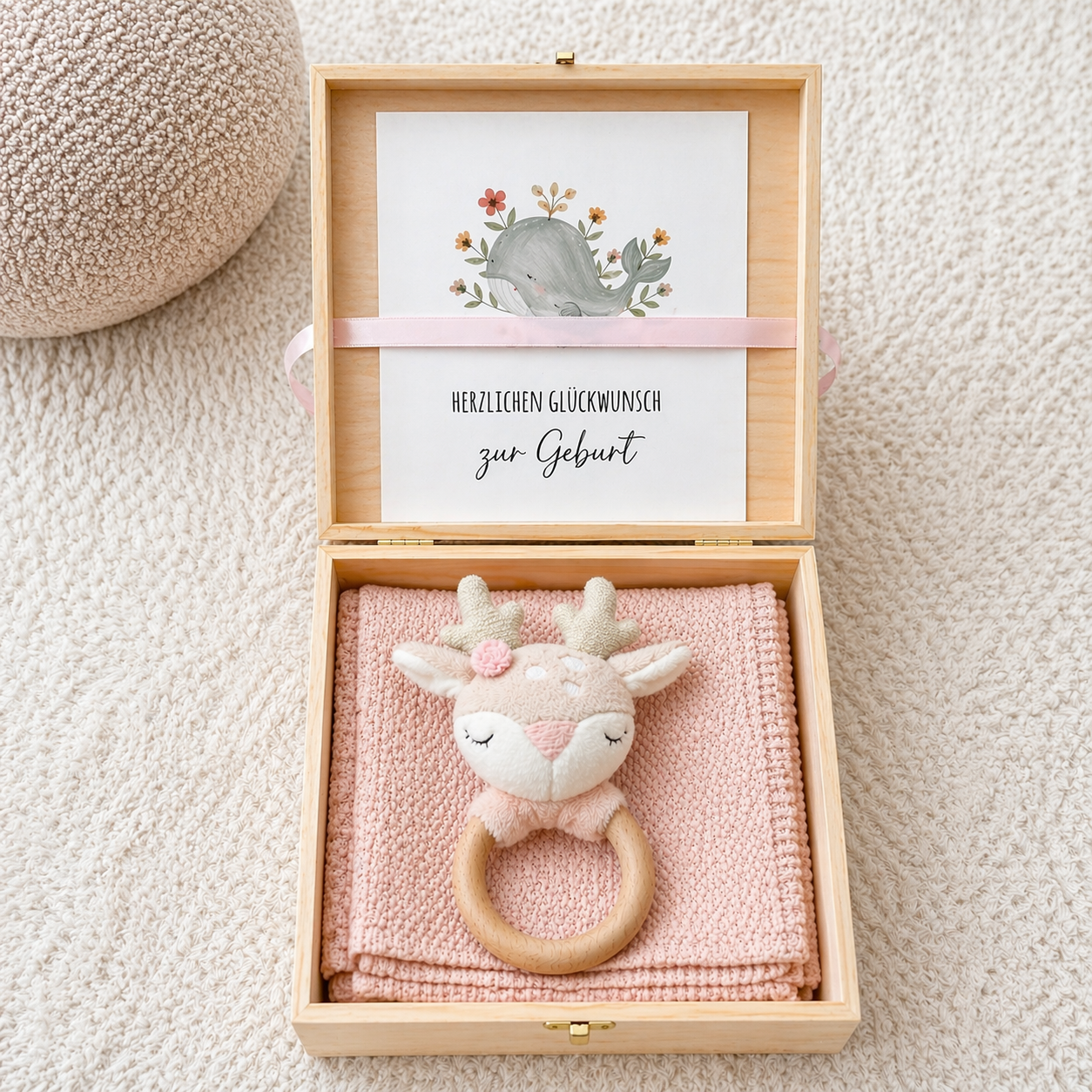 Erinnerungsbox zur Geburt personalisiert mit Heißluftballon – Baby Geschenkbox mit Karte & Platz für Fotos, Andenken & erstes Jahr