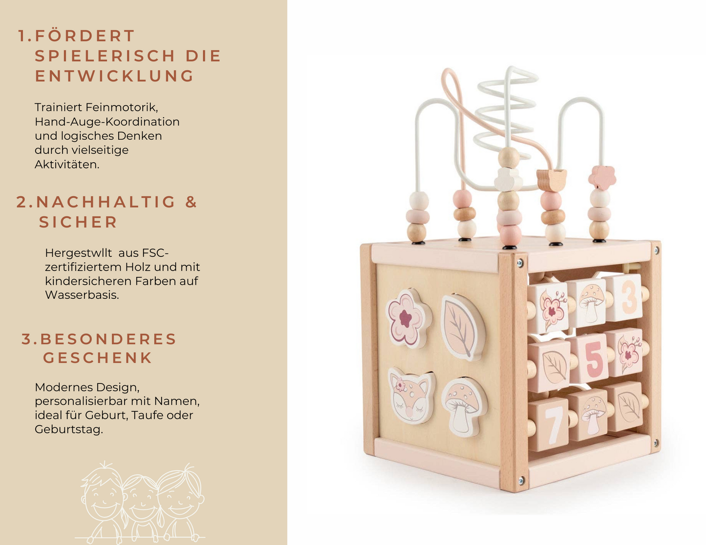 Motorikwürfel Reh Ella aus Holz – Spielerisch lernen, entdecken & personalisierenl