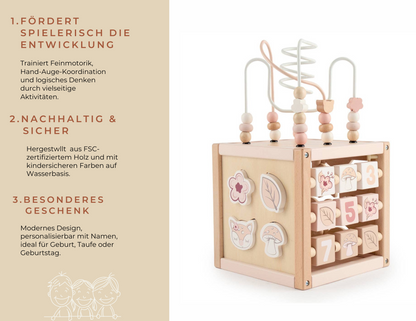 Motorikwürfel Reh Ella aus Holz – Spielerisch lernen, entdecken & personalisierenl