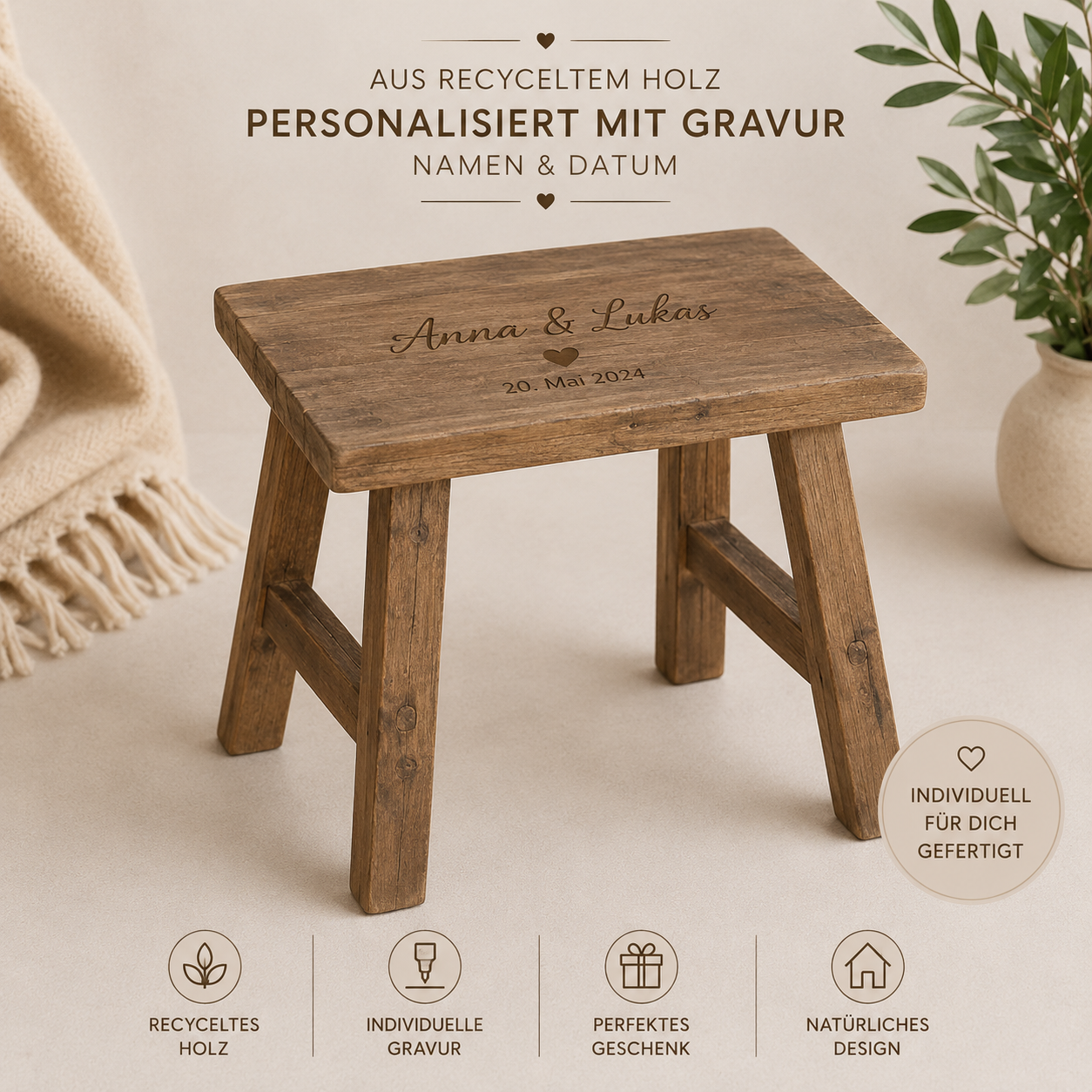 Mica Decorations Bold Hocker – personalisiert mit Gravur | Hochzeitsgeschenk mit Namen & Datum