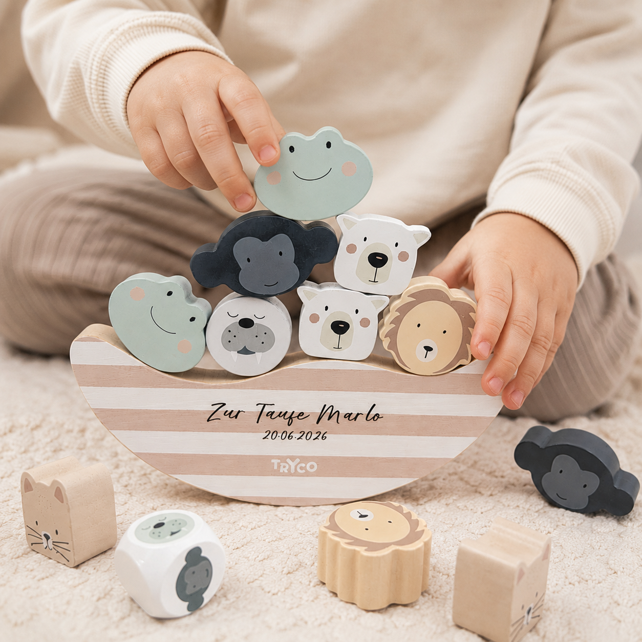 Arche Noah Balance Spiel mit Wunschgravur – Personalisiertes Taufgeschenk