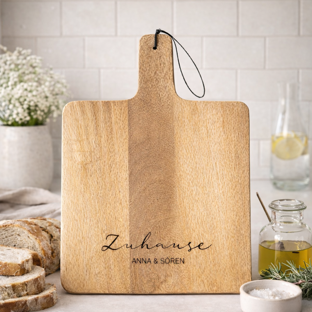 Einzugsgeschenk personalisiert: Schneidebrett aus Holz mit individueller Gravur