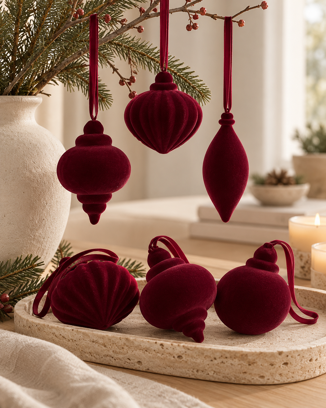 Weihnachtsanhänger Samtoptik – 6er Set Bordeauxrot