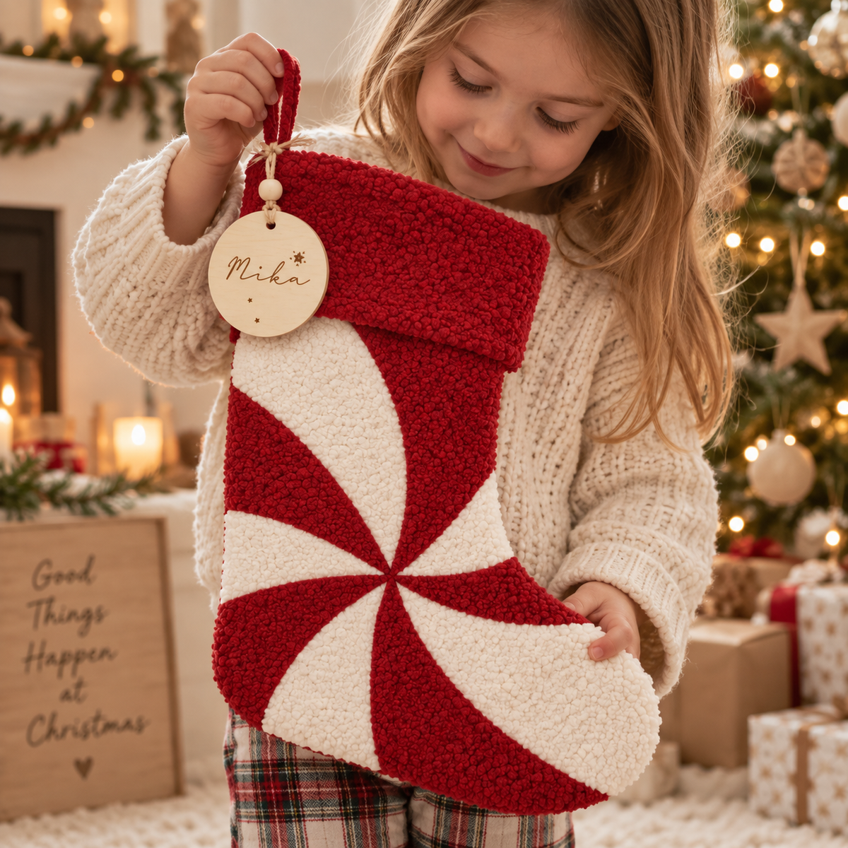 Personalisierter Weihnachtsstrumpf mit Namen & Holzanhänger – Rot/Creme