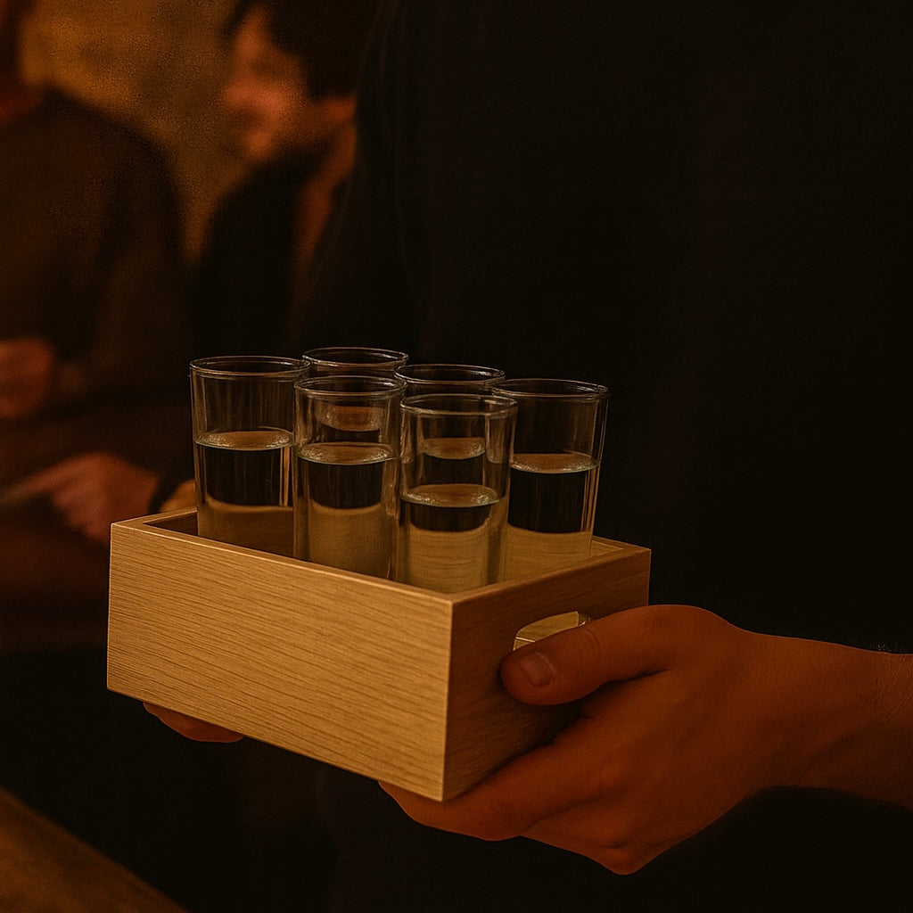Personalisiertes Schnapstablett aus Eichenholz – mit Gravur & 6 Gläsern