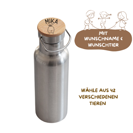 Personalisierte Edelstahl-Trinkflasche mit Bambusdeckel – Tiermotiv & Name
