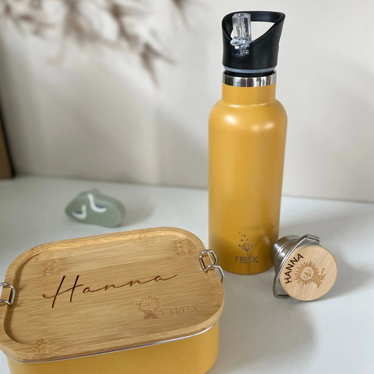 FRESK Trinkflasche aus Edelstahl und Deckel aus Bambus | gelb Schön Manufaktur