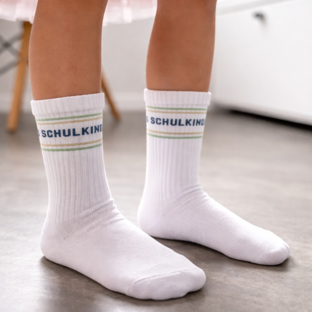 Schulkind Socken – Weiße Crew-Socken mit Schriftzug (Einschulung)