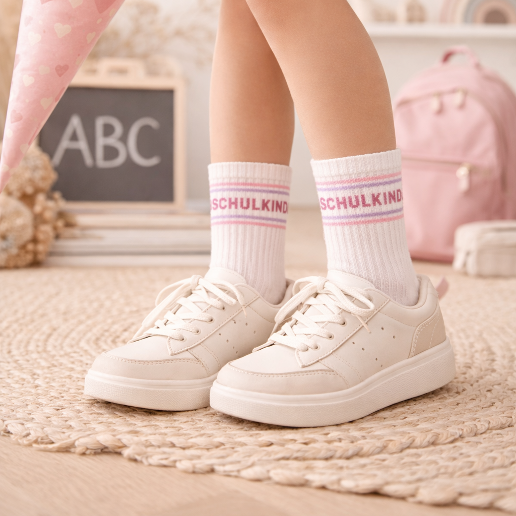 Schulkind Socken zur Einschulung – Weiß mit Rosa & Flieder