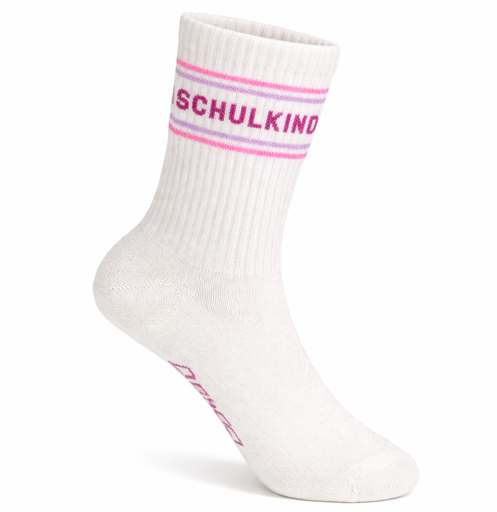 Schulkind Socken zur Einschulung – Weiß mit Rosa & Flieder