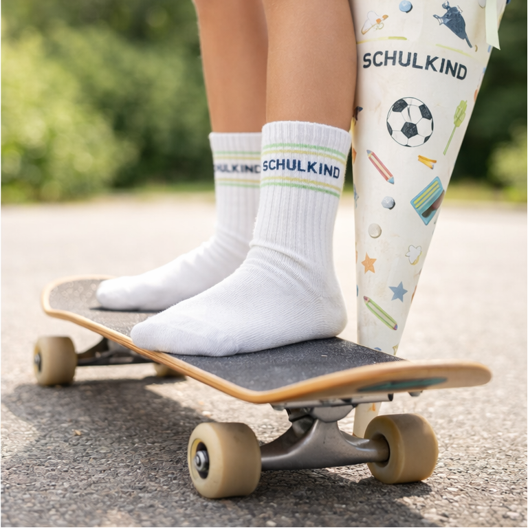 Schulkind Socken – Weiße Crew-Socken mit Schriftzug (Einschulung)